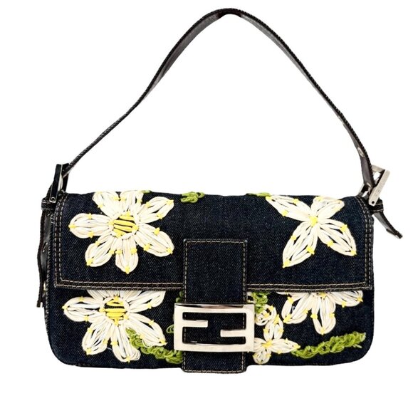 FENDI Vintage FF Logo Mamma Baguette Denim Shoulder Bag Flower Blue [106339] - Picture 5 of 12